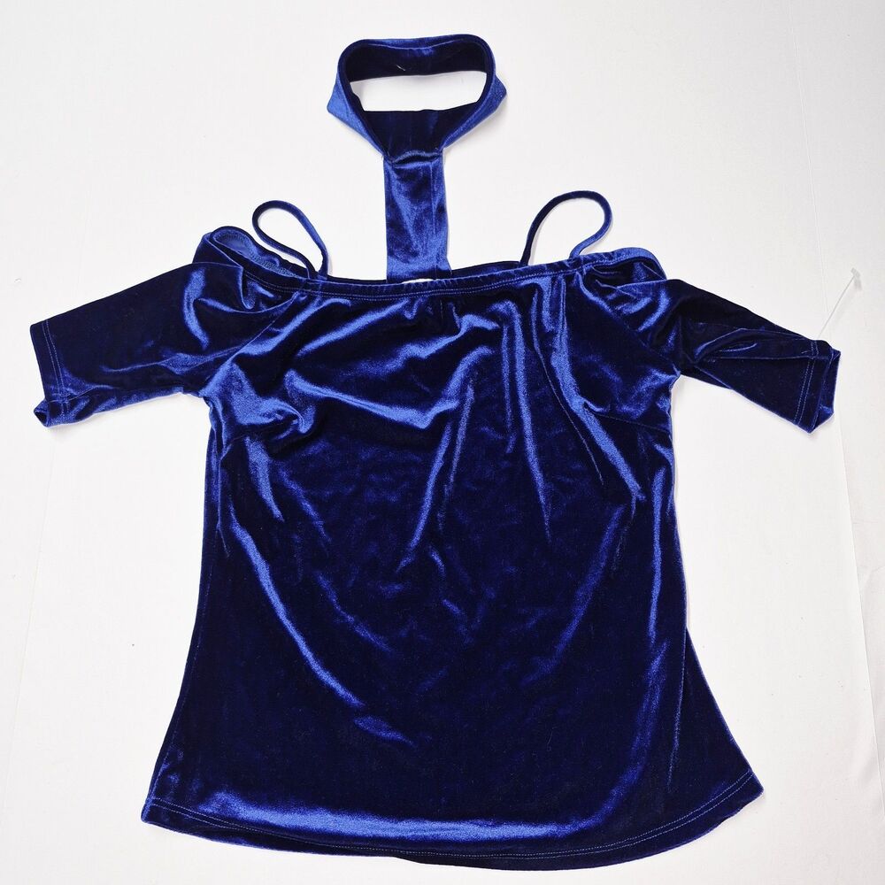 Vtg 90s Klaxons Royal Blue Velvet Choker Cold Shoulder Top Medium Made In USA